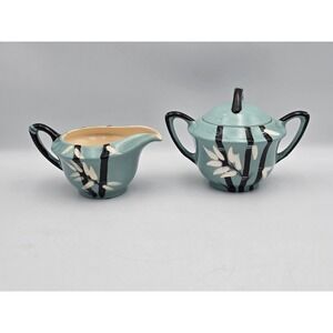 Weil Ware Bamboo Creamer Sugar Bowl Set Blue Turquoise MCM Fair Crazing